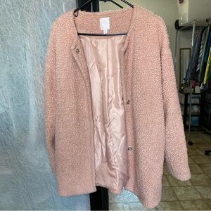 Lauren Conrad S Mid Length  Pink Teddy Fleece Jacket Snap Button